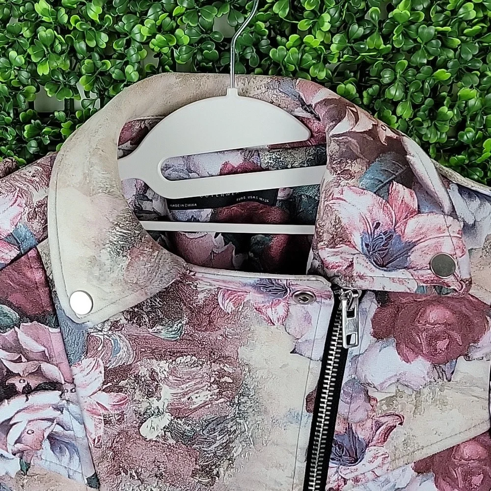 ZARA Basic Outerwear Floral Faux Suede Zippered Moto Jacket Cream/ Pink SZ Small - Picture 5 of 15